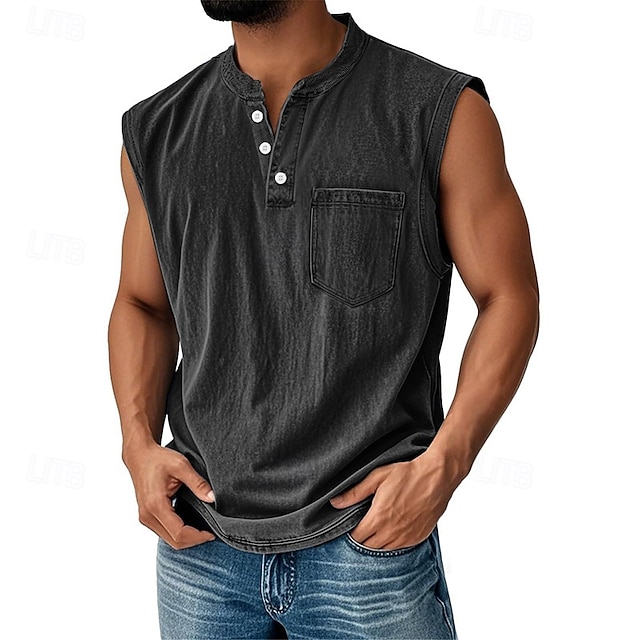 Men's Vintage Tank Top 100% Cotton Acid Wash Vest Top Undershirt Sleeveless Shirt Sleeveless Henley Summer Plain Fashion Designer Basic Pocket Buttons Vacation Street Black Top Tee for Men
