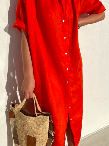 Women Elegant Casual Loose Half Sleeve Button Down Front Half Sleeve Cotton Linen Dress