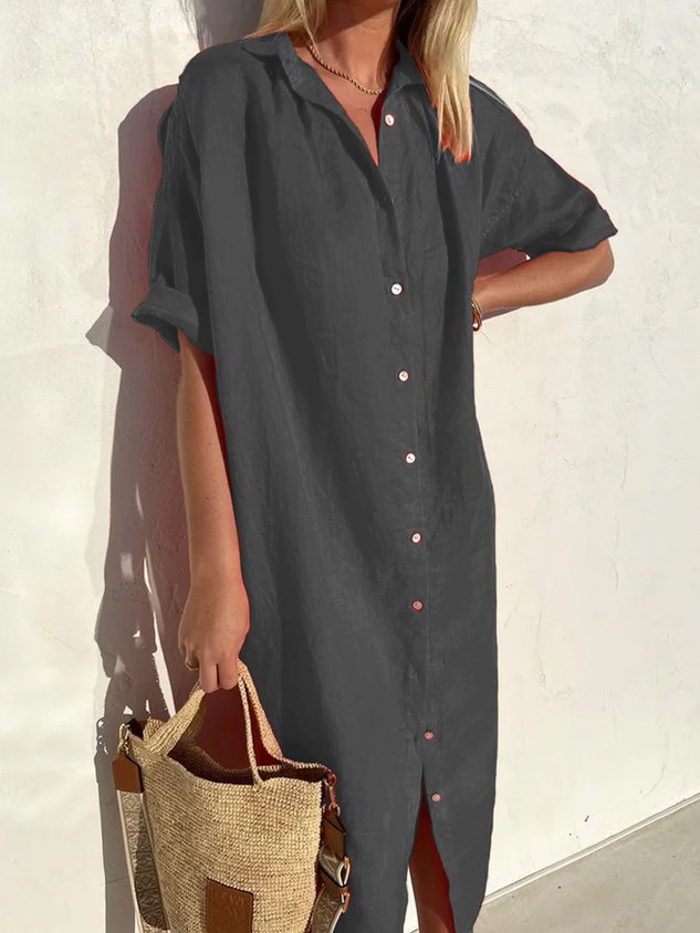 Women Elegant Casual Loose Half Sleeve Button Down Front Half Sleeve Cotton Linen Dress