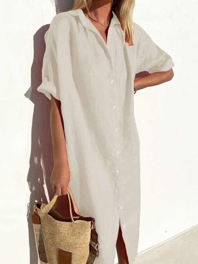 Women Elegant Casual Loose Half Sleeve Button Down Front Half Sleeve Cotton Linen Dress