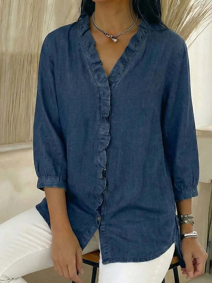 Women's Casual Denim V-Neck Ruffled Shirt