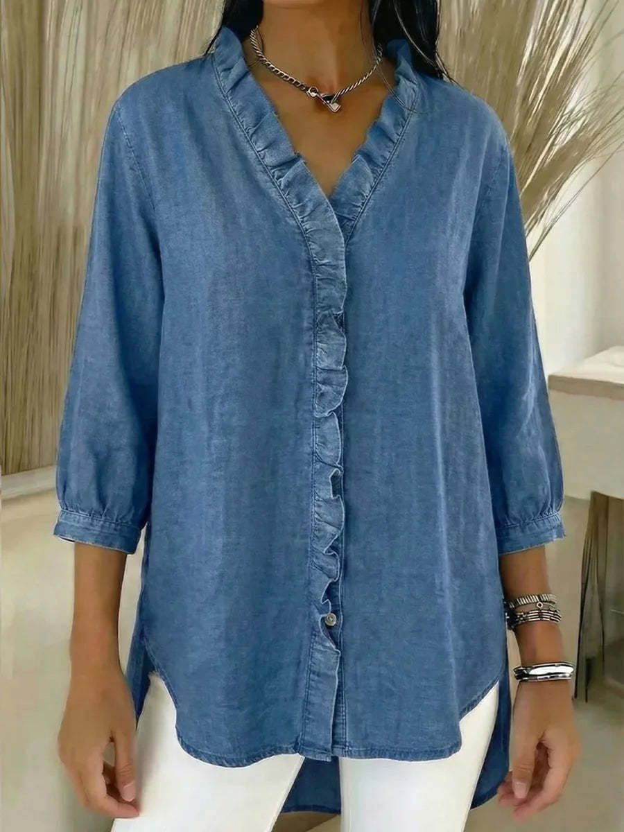 Women's Casual Denim V-Neck Ruffled Shirt