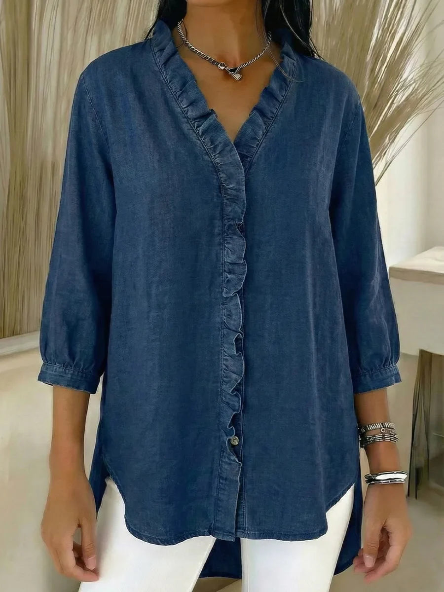Women's Casual Denim V-Neck Ruffled Shirt