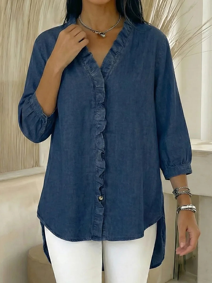 Women's Casual Denim V-Neck Ruffled Shirt