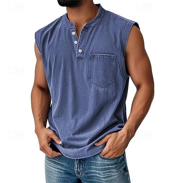 Men's Vintage Tank Top 100% Cotton Acid Wash Vest Top Undershirt Sleeveless Shirt Sleeveless Henley Summer Plain Fashion Designer Basic Pocket Buttons Vacation Street Black Top Tee for Men