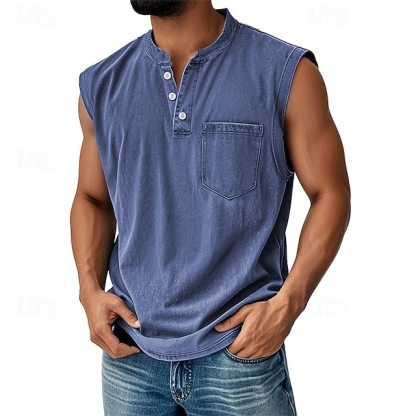 Men's Vintage Tank Top 100% Cotton Acid Wash Vest Top Undershirt Sleeveless Shirt Sleeveless Henley Summer Plain Fashion Designer Basic Pocket Buttons Vacation Street Black Top Tee for Men