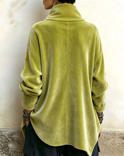 Women's Chic Velvet Asymmetric Button Turtleneck Top