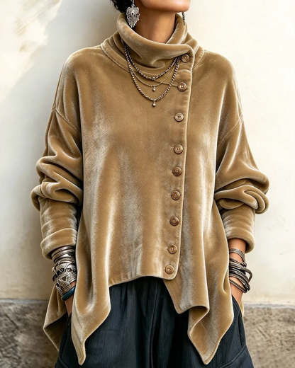 Women's Chic Velvet Asymmetric Button Turtleneck Top