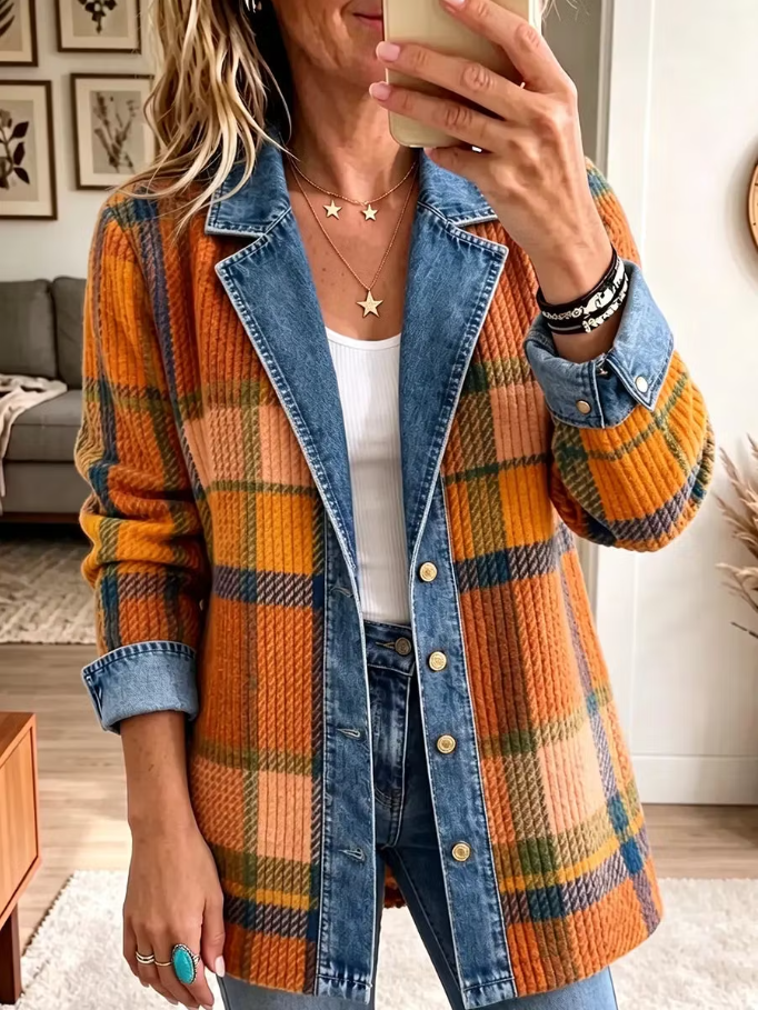 Boho Plaid Corduroy Denim Spliced Jacket