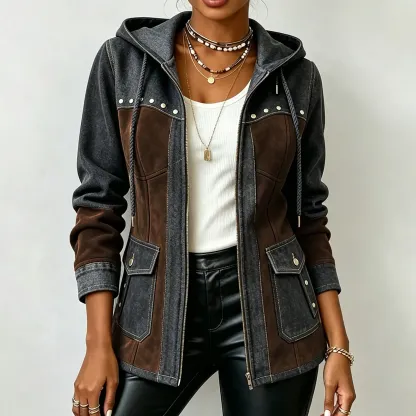 Women's Casual Color‐Block Splicing Drawstring Hood Zip‐Up Rivet Stud Decoration Pockets Long Sleeve Jacket