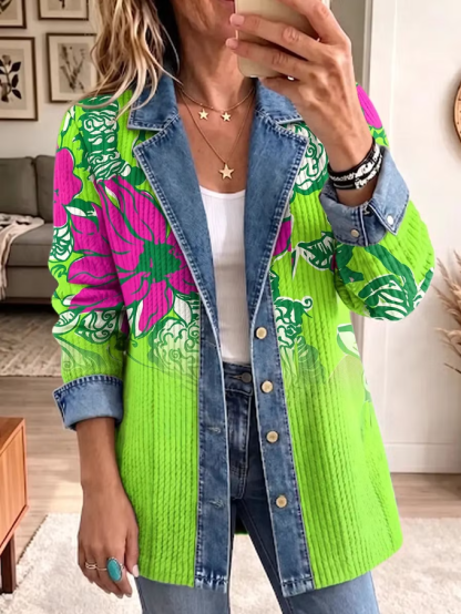 Boho Plaid Corduroy Denim Spliced Jacket