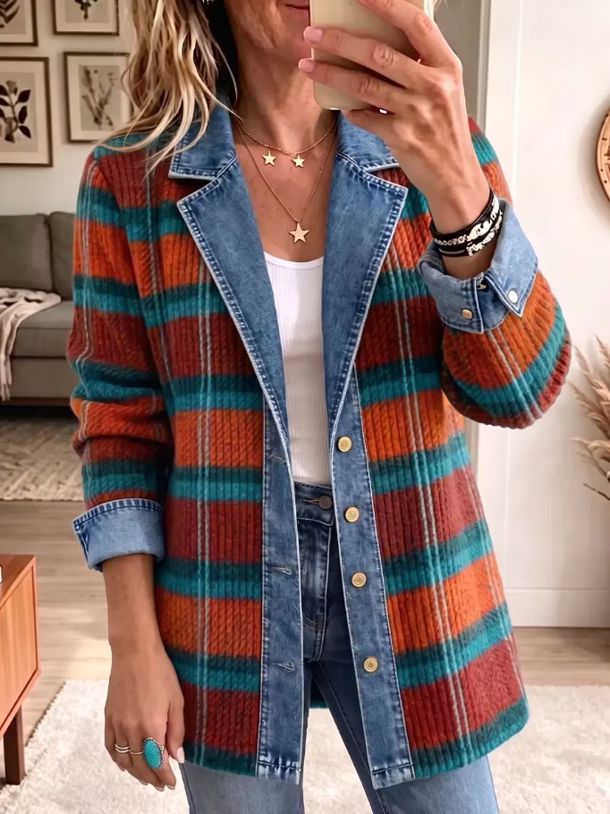 Boho Plaid Corduroy Denim Spliced Jacket