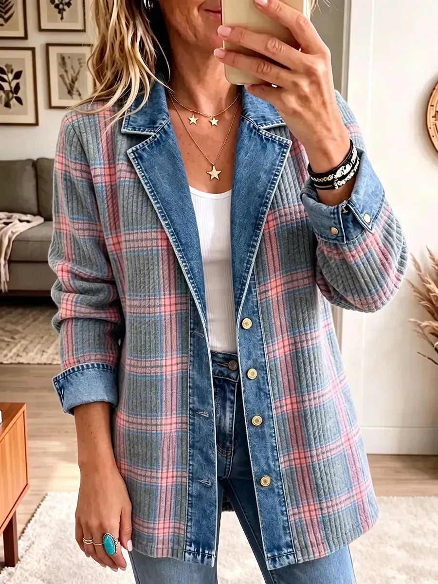 Boho Plaid Corduroy Denim Spliced Jacket