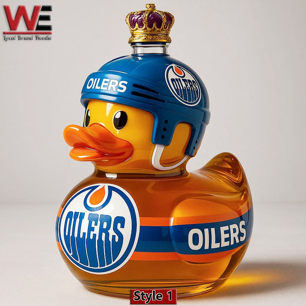 A Crown Royal whisky bottle shaped like a duck in an Edmonton Oilers helmet!