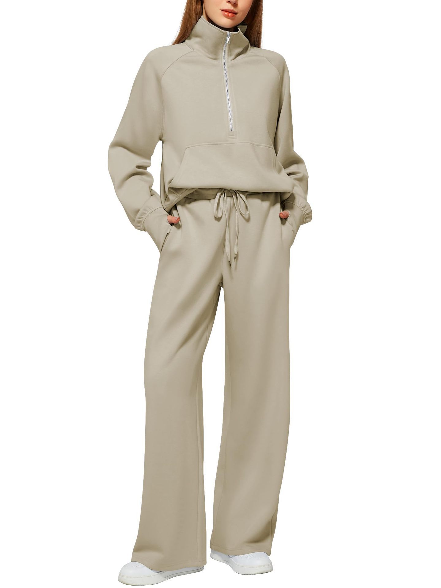 Women's two-piece oversized half-zip sweatshirt and wide-leg sweatpants casual set