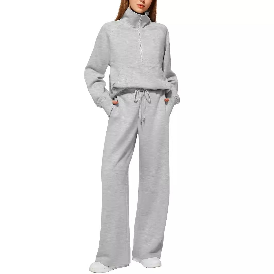 Women's two-piece oversized half-zip sweatshirt and wide-leg sweatpants casual set
