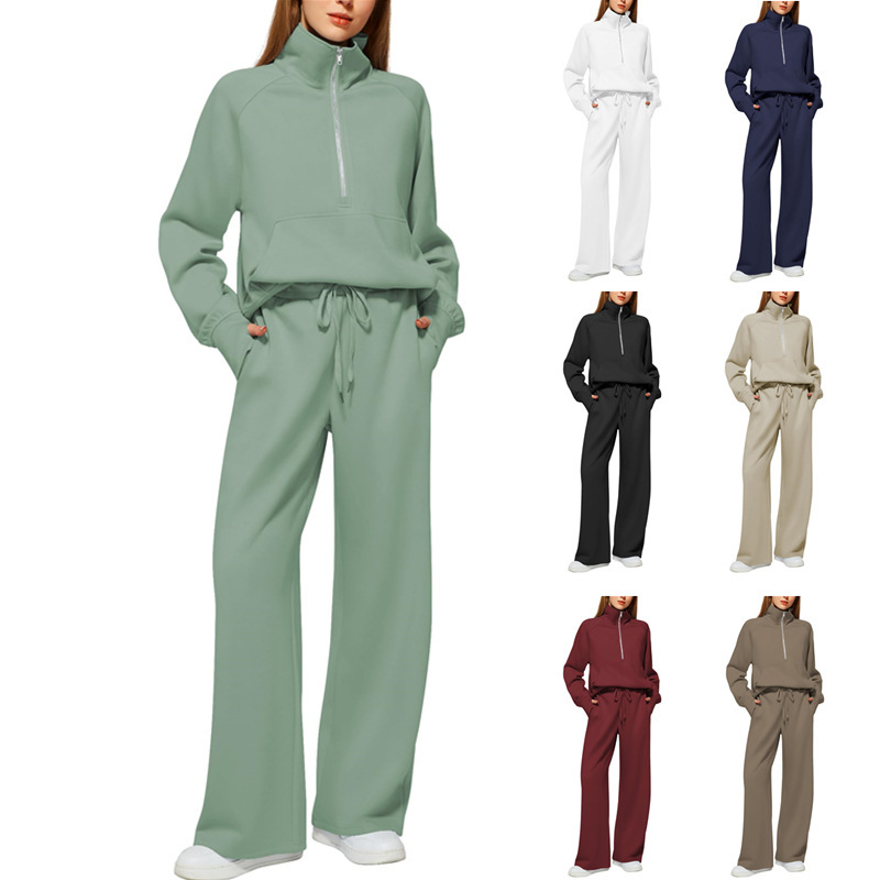 Women's two-piece oversized half-zip sweatshirt and wide-leg sweatpants casual set