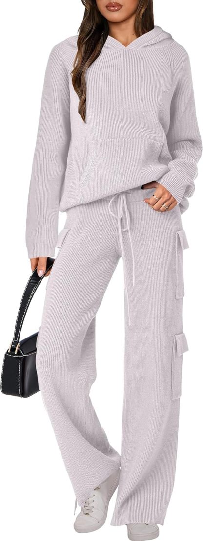 🎄Christmas Clearance 🔥 Women’s Two Piece Outfits Casual Knit Hooded Sweater Straight Leg Pants Set