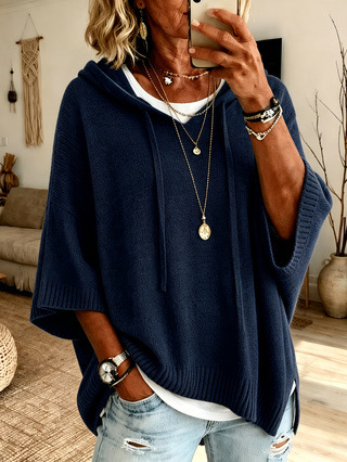 Womens Solid Hoodies Sweater 3/4 Sleeves Drawstring Loose Knit Pullover Sweater