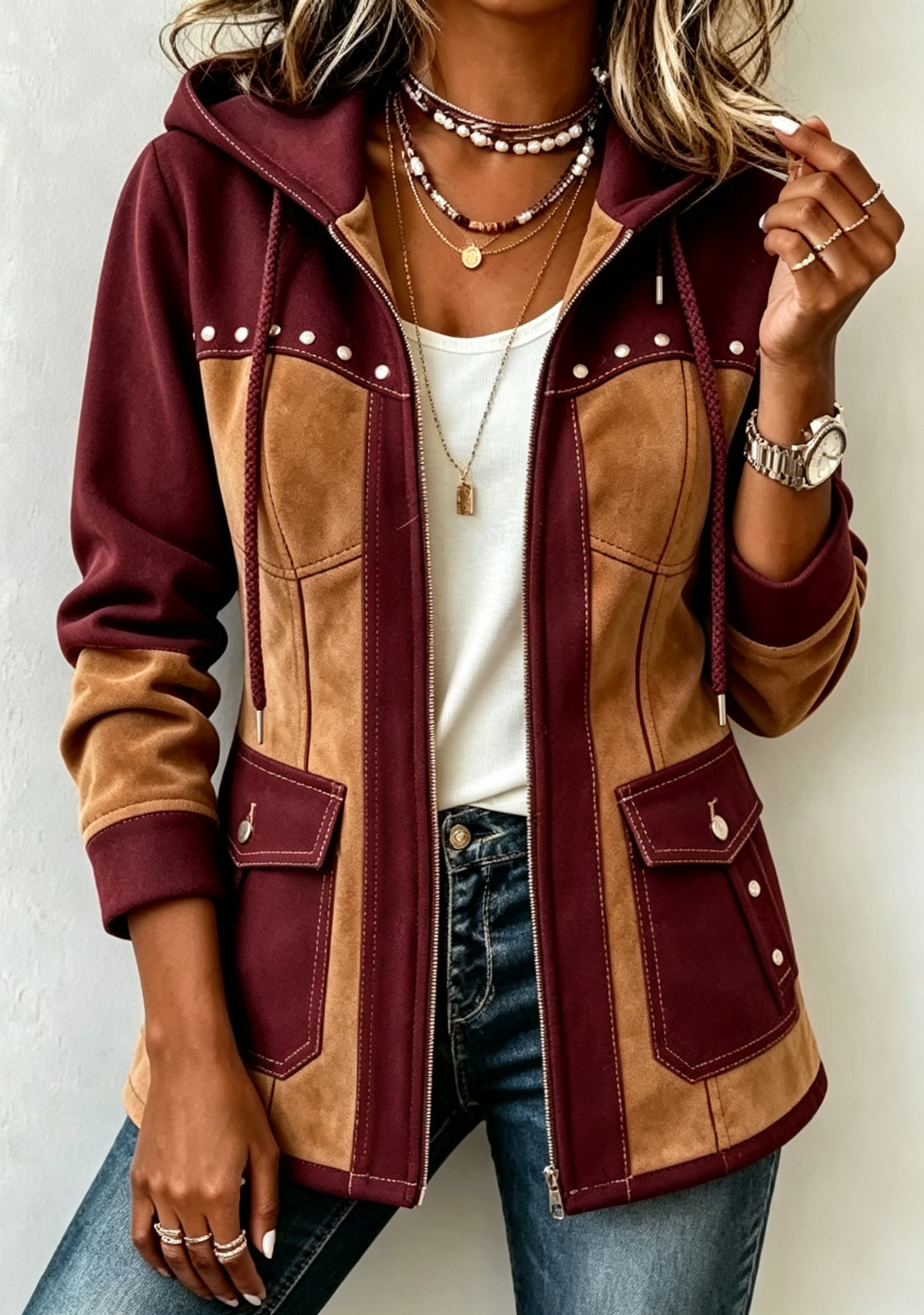 Women's Casual Color‐Block Splicing Drawstring Hood Zip‐Up Rivet Stud Decoration Pockets Long Sleeve Jacket