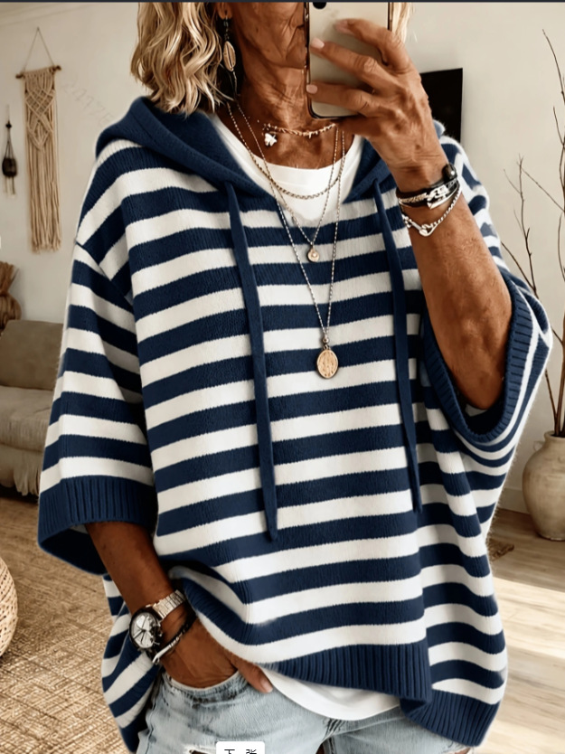Womens Solid Hoodies Sweater 3/4 Sleeves Drawstring Loose Knit Pullover Sweater