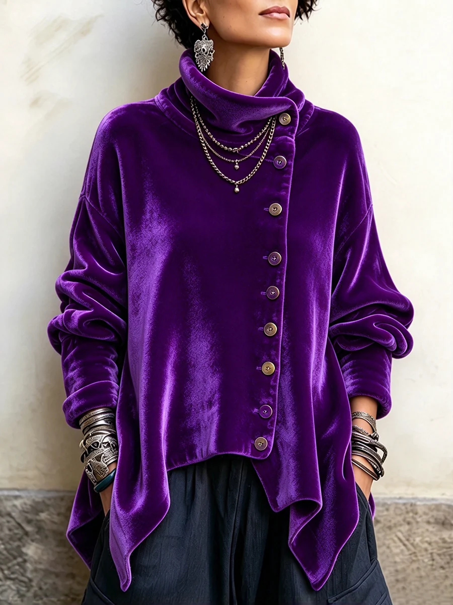 Women's Chic Velvet Asymmetric Button Turtleneck Top