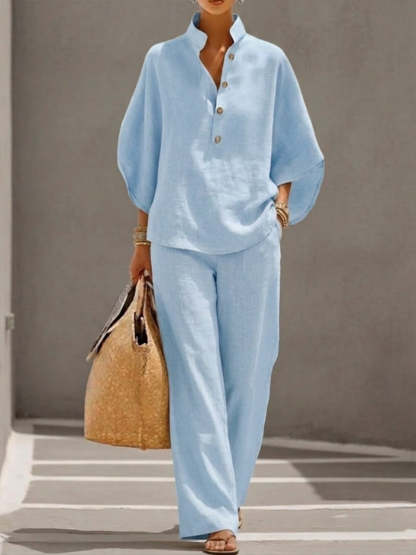 Women’s Batwing Sleeve Linen Cotton Two-Piece Set – Casual Shirt & Wide Leg Pants Outfit