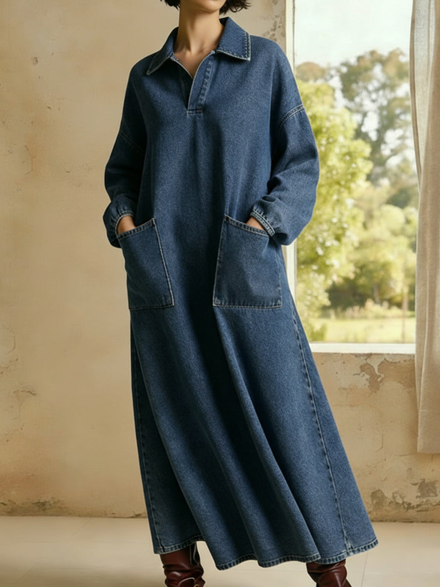 Casual Polo-neck Denim Dress