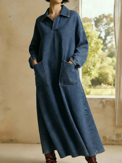 Casual Polo-neck Denim Dress