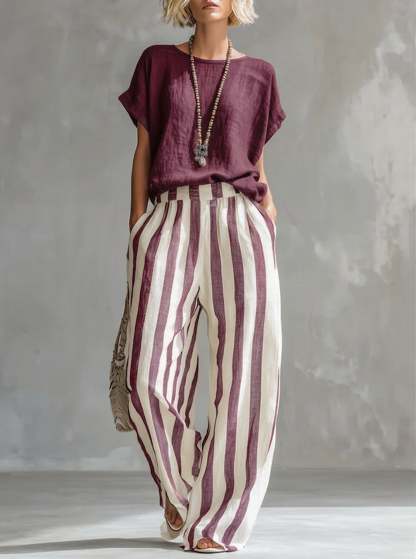 Cozy Loose-fit Striped Cotton-linen Two-piece Set