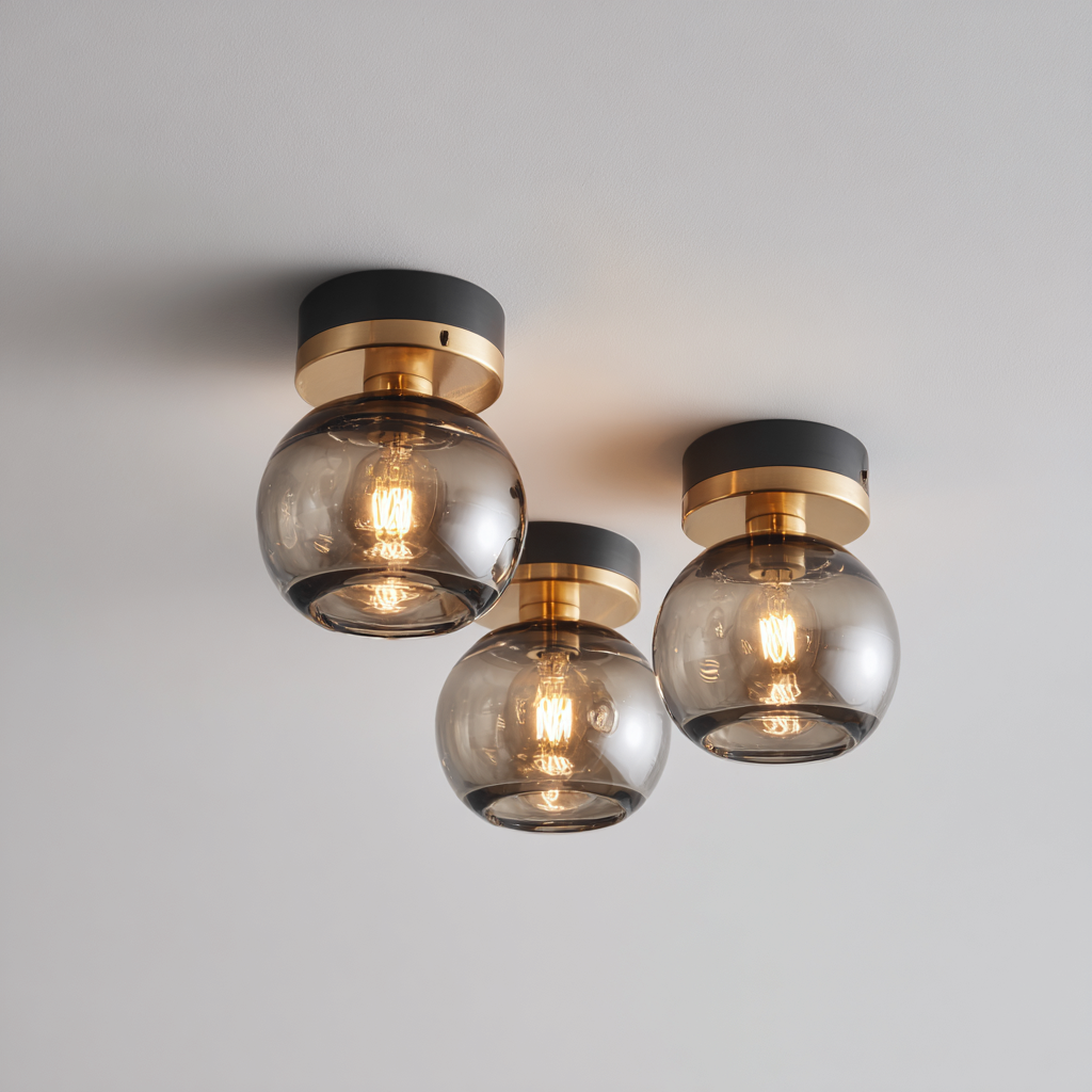 Lampada Da Soffitto Metallo Nero Vetro Fumé 34X32X23 Cm - Nero-Oro - Design Moderno - Per Soggiorno-Airyene