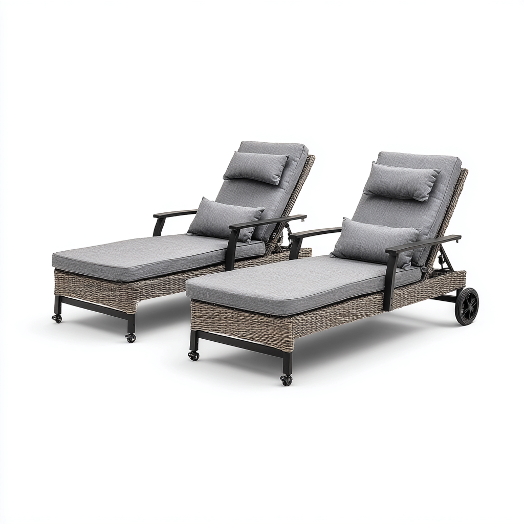 Lettini Da Sole In Rattan 195x65x95 Cm - Grigio-Naturale - Adeguati Per Giardino - Design Moderno-Airyene