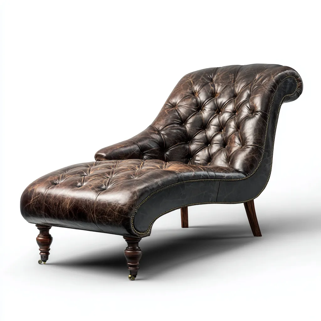 Chaise Longue Pelle Vera Legno 183X79X89 Cm - Marrone Scuro - Design Classico Vintage Capitonné - Per Soggiorno-Airyene
