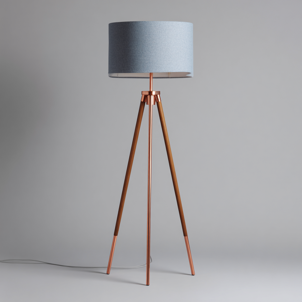 Lampada Da Terra Legno Metallo Rame Tessuto 38X38X160 Cm - Blu-Legno-Rame - Design Moderno - Per Soggiorno-Airyene