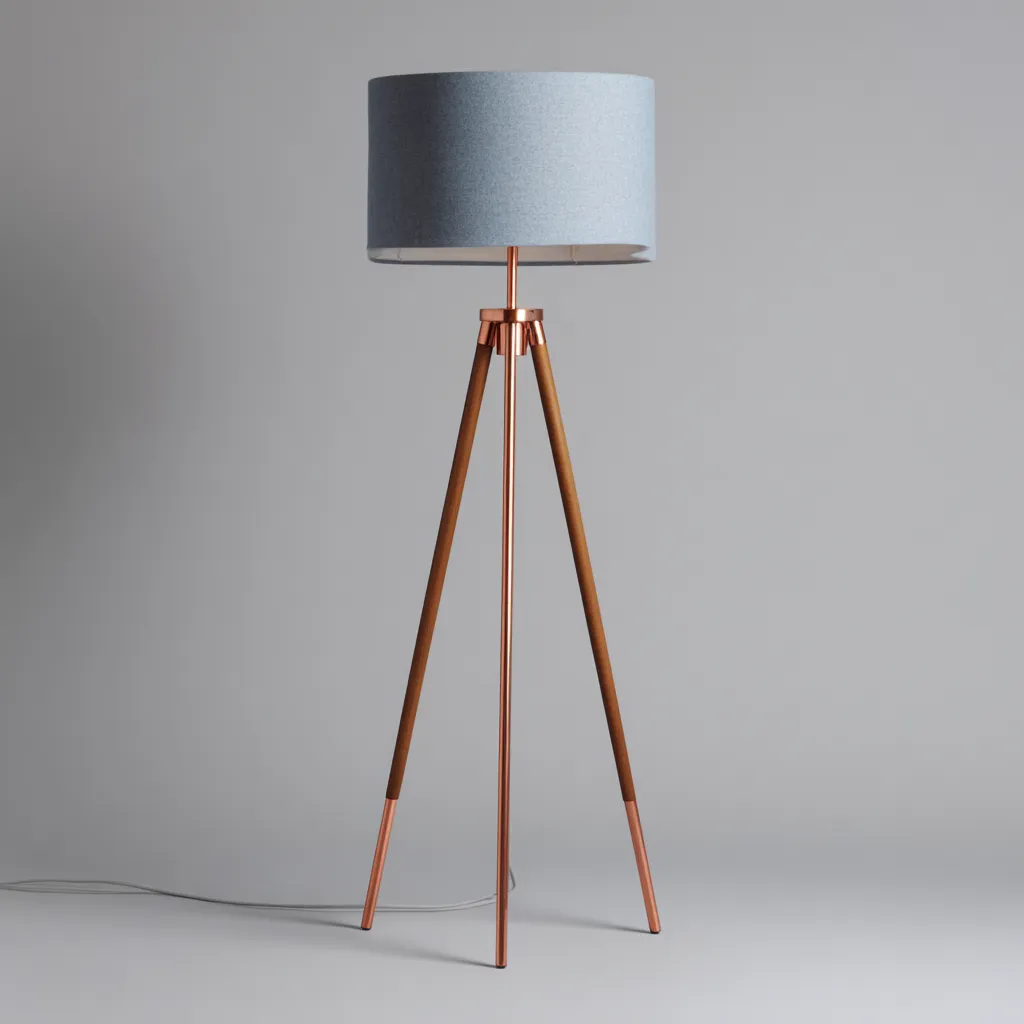 Lampada Da Terra Legno Metallo Rame Tessuto 38X38X160 Cm - Blu-Legno-Rame - Design Moderno - Per Soggiorno-Airyene