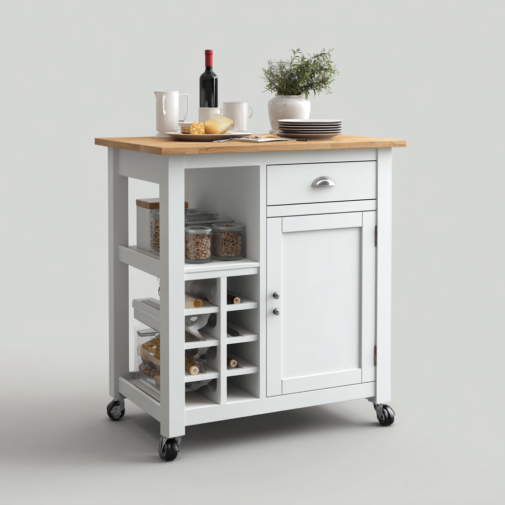 Isola Da Cucina In Legno 90x50x90 Cm - Bianco - Con Portabottiglie Ripiani Aperti Cassetto E Anta - Design Moderno-Airyene