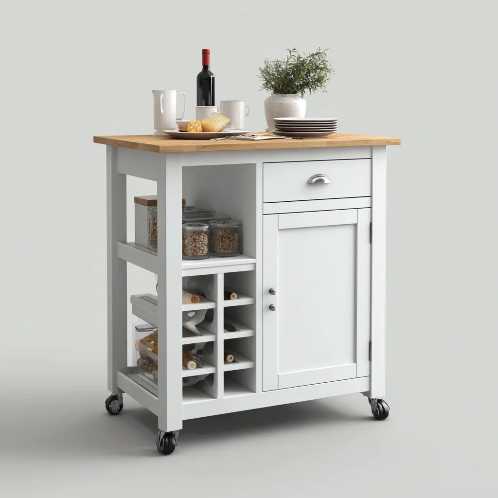 Isola Da Cucina In Legno 90x50x90 Cm - Bianco - Con Portabottiglie Ripiani Aperti Cassetto E Anta - Design Moderno-Airyene