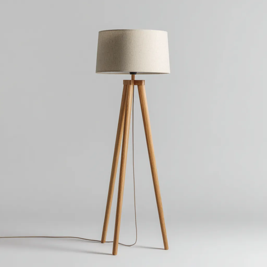 Lampada Da Terra In Legno E Tessuto 48x48x155 Cm Legno Naturale-Beige Per Soggiorno Stile Nordico-Airyene