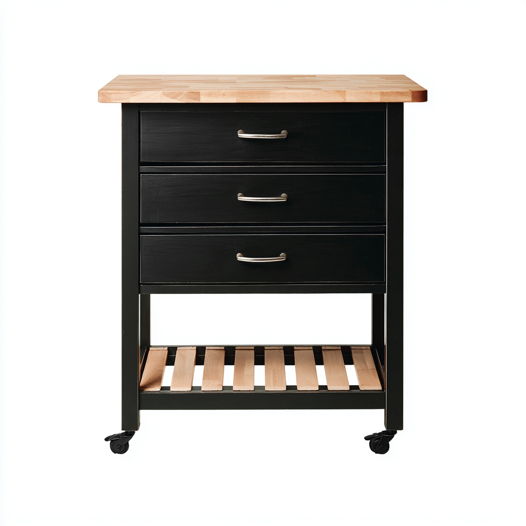 Carrello Da Cucina In Metallo E Legno 72x46x90 Cm - Nero E Legno - Con Tre Cassetti E Ripiano Inferiore Per Cucina-Airyene