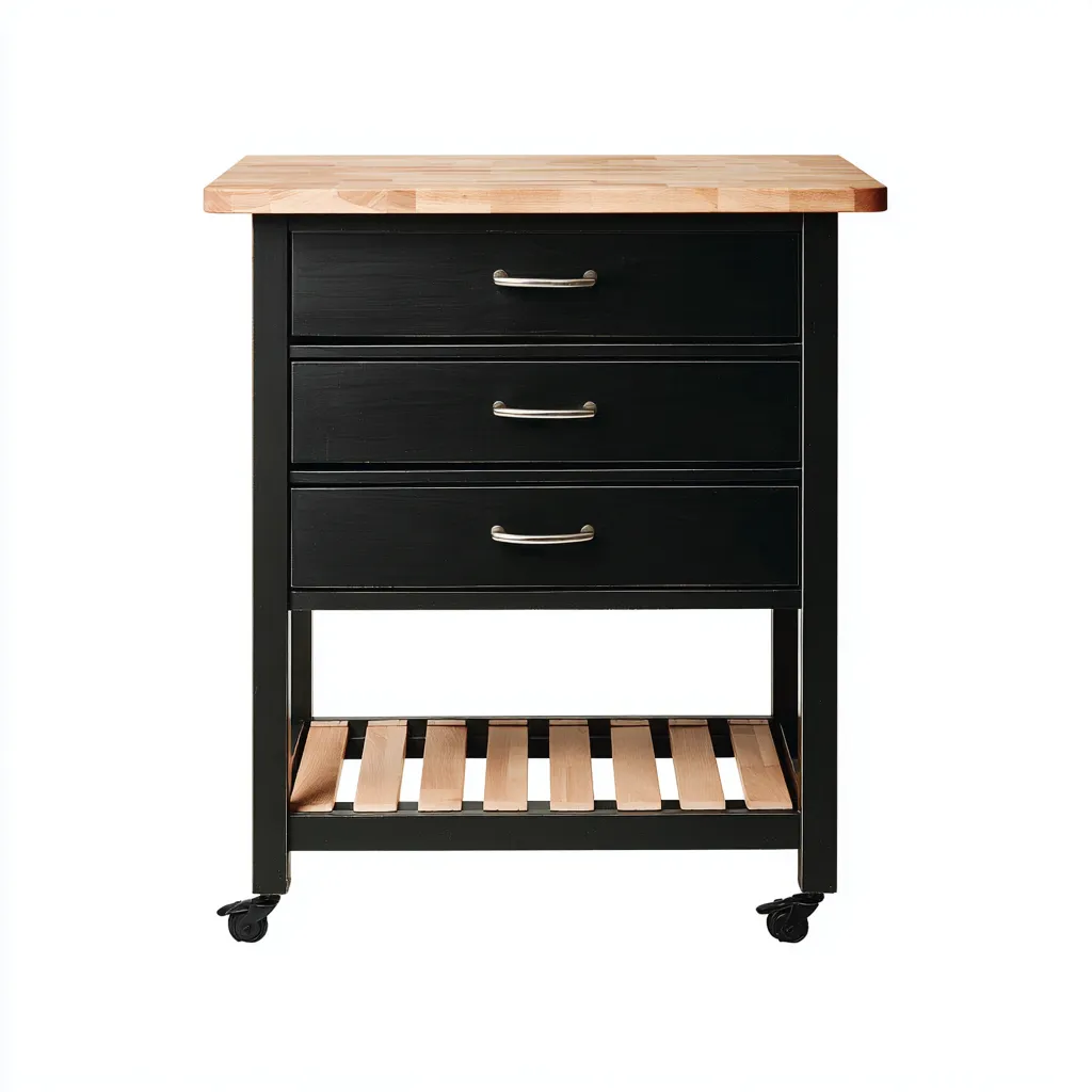 Carrello Da Cucina In Metallo E Legno 72x46x90 Cm - Nero E Legno - Con Tre Cassetti E Ripiano Inferiore Per Cucina-Airyene