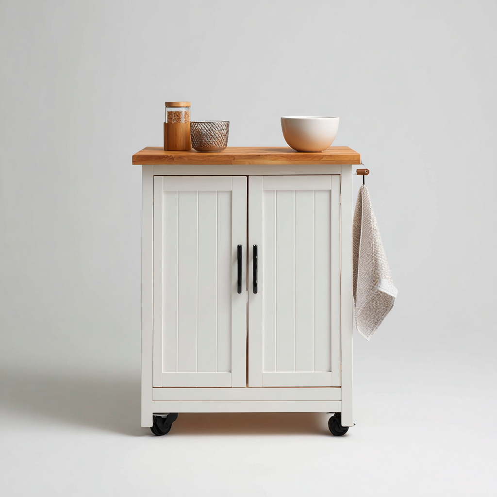 Isola Da Cucina In Legno Con Piano In Legno Massello 78x45x90 Cm - Bianco E Legno - Con Armadietto E Barra Laterale Per Cucina-Airyene