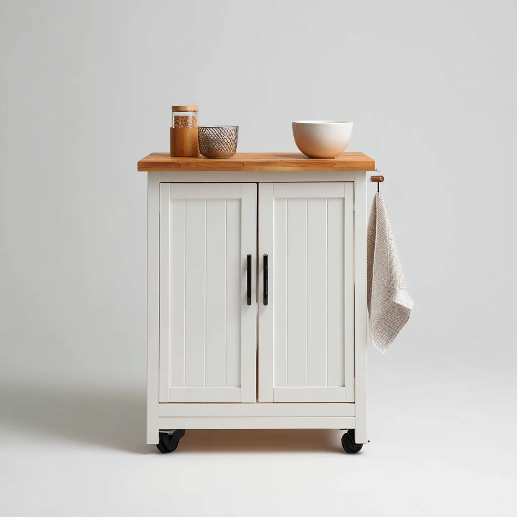 Isola Da Cucina In Legno Con Piano In Legno Massello 78x45x90 Cm - Bianco E Legno - Con Armadietto E Barra Laterale Per Cucina-Airyene