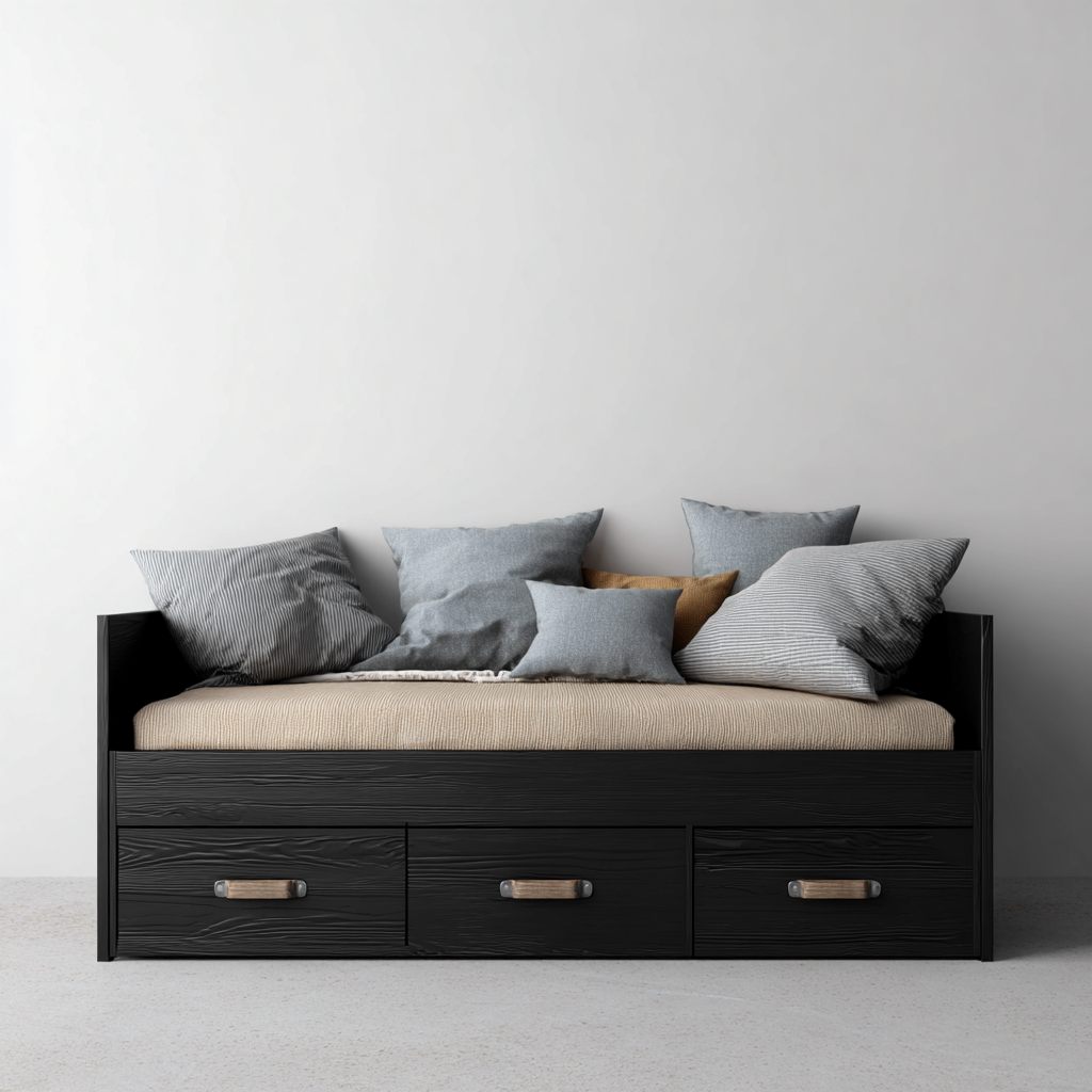 Divano Letto Legno Massello 210X95X100 Cm - Nero - Con Cassetti Contenitore - Adatto Alla Camera Da Letto - Design Moderno-Airyene