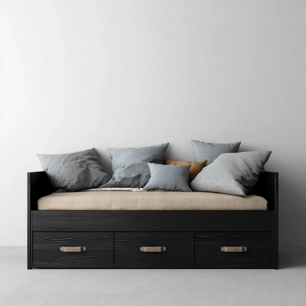 Divano Letto Legno Massello 210X95X100 Cm - Nero - Con Cassetti Contenitore - Adatto Alla Camera Da Letto - Design Moderno-Airyene