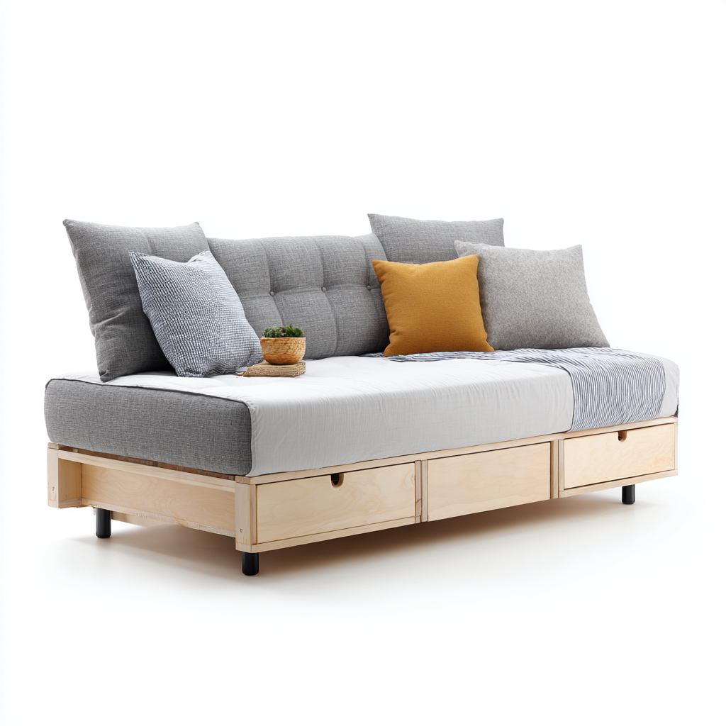 Divano Letto Legno Naturale 205X90X85 Cm - Grigio-Legno Chiaro - Imbottito - Adatto Alla Camera Da Letto - Design Moderno-Airyene