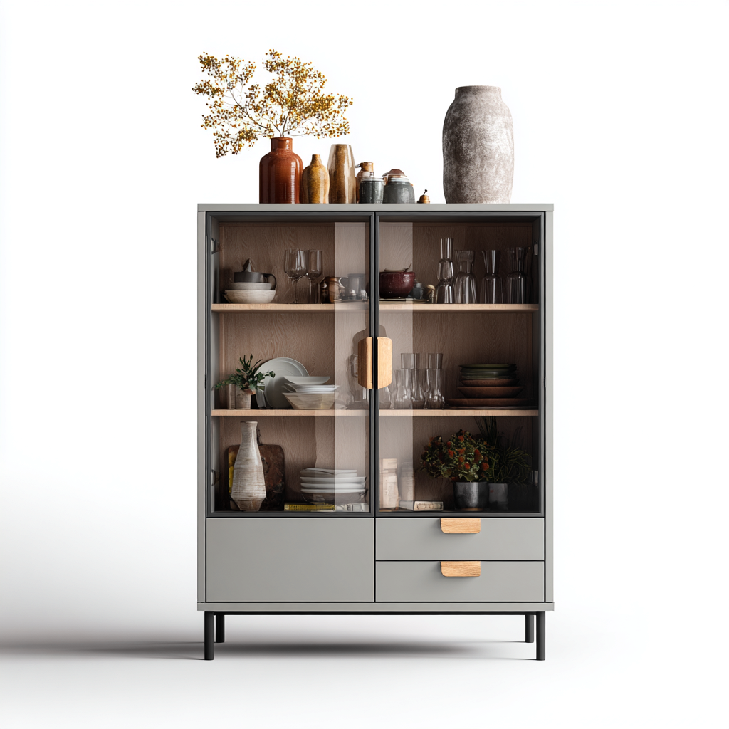 Armadietto Da Cucina Legno-Metallo Con Ante In Vetro 95X45X150 Cm - Grigio-Legno - Con Ripiani E Cassetti - Adatto Alla Cucina - Design Moderno-Airyene