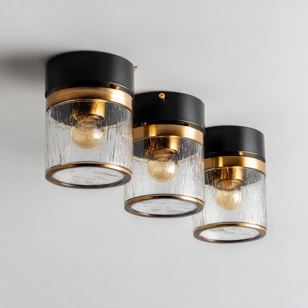 Lampada Da Soffitto In Metallo E Vetro 24x24x20 Cm - Nero E Ottone Con Vetro Trasparente - Per Soggiorno - Stile Moderno-Airyene