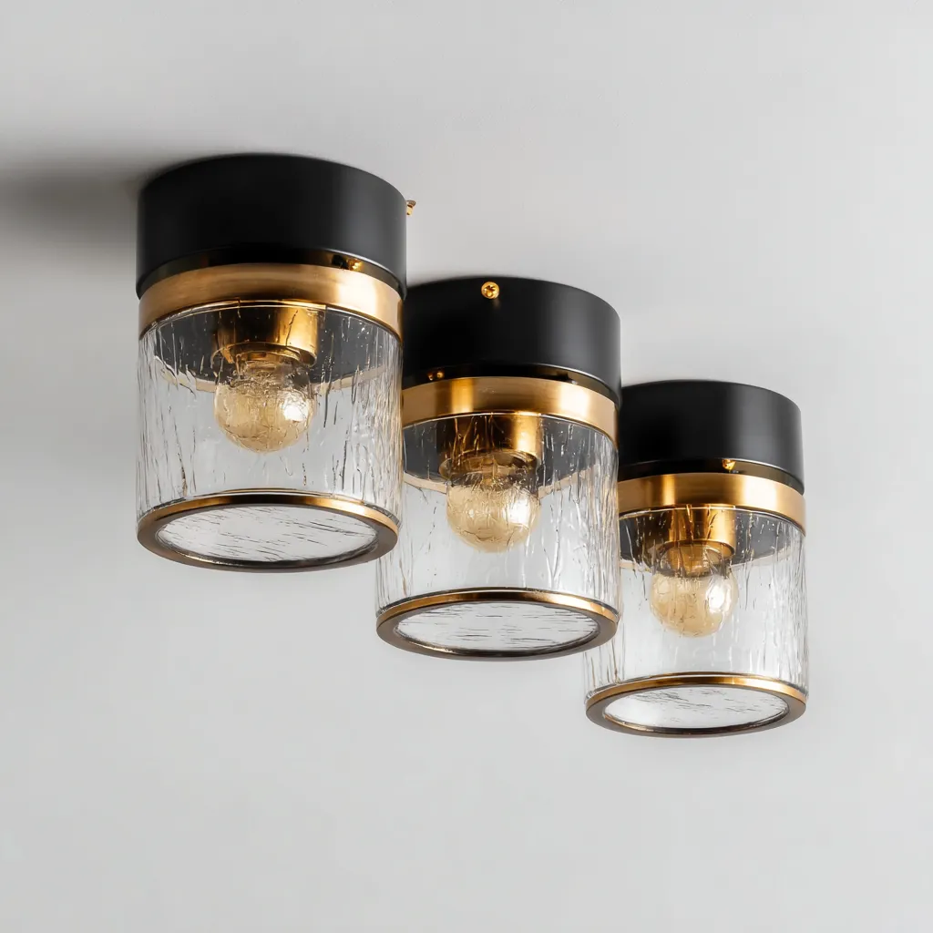 Lampada Da Soffitto In Metallo E Vetro 24x24x20 Cm - Nero E Ottone Con Vetro Trasparente - Per Soggiorno - Stile Moderno-Airyene