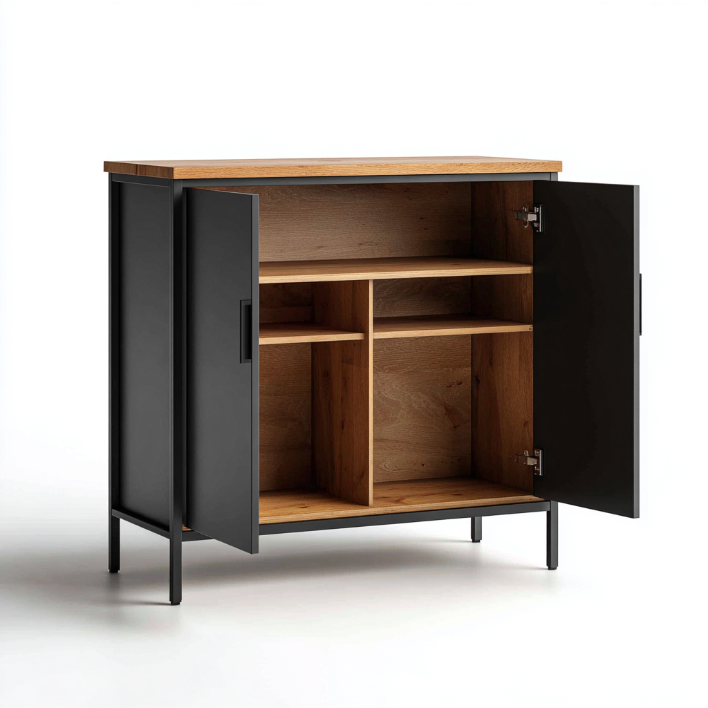 Armadietto Da Cucina Metallo-Legno 85X40X100 Cm - Nero-Legno - Con Ripiani Interni E Ante A Battente - Adatto Alla Cucina - Design Moderno-Airyene