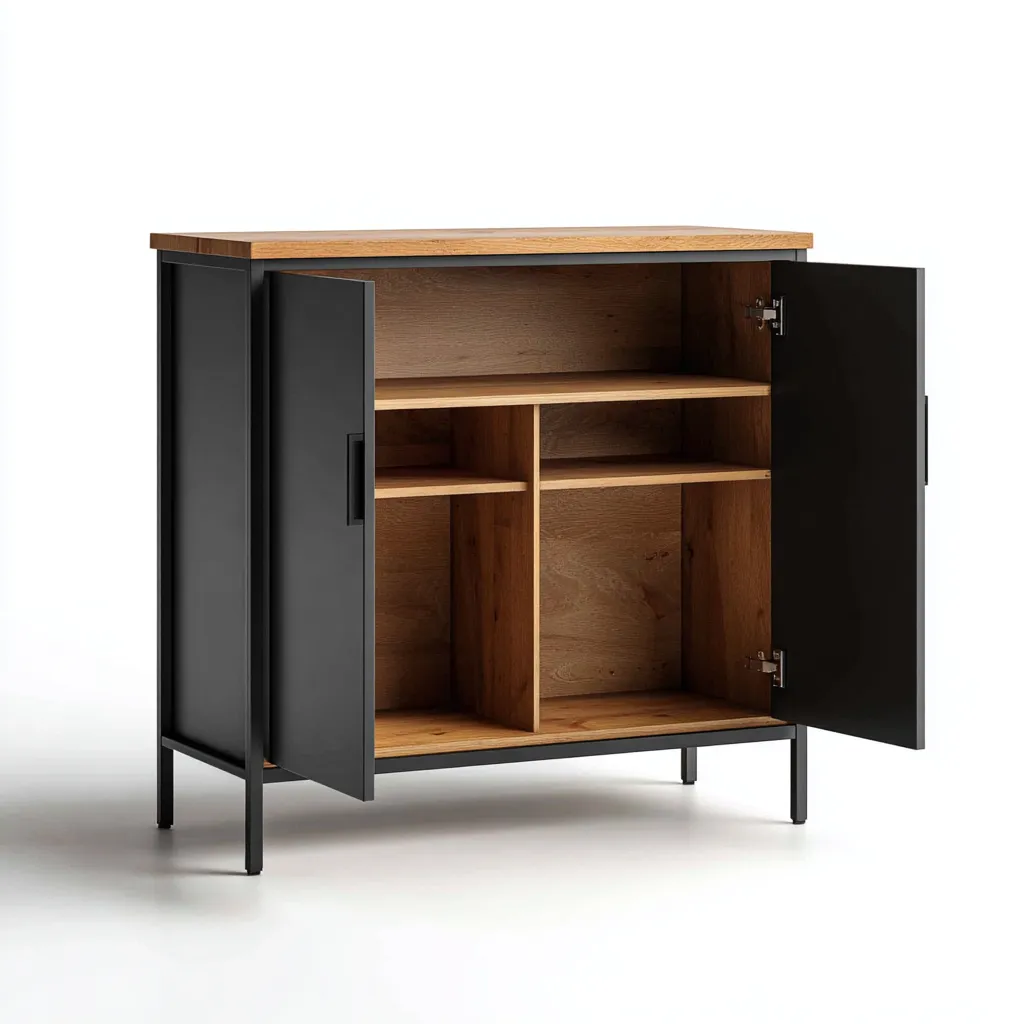 Armadietto Da Cucina Metallo-Legno 85X40X100 Cm - Nero-Legno - Con Ripiani Interni E Ante A Battente - Adatto Alla Cucina - Design Moderno-Airyene